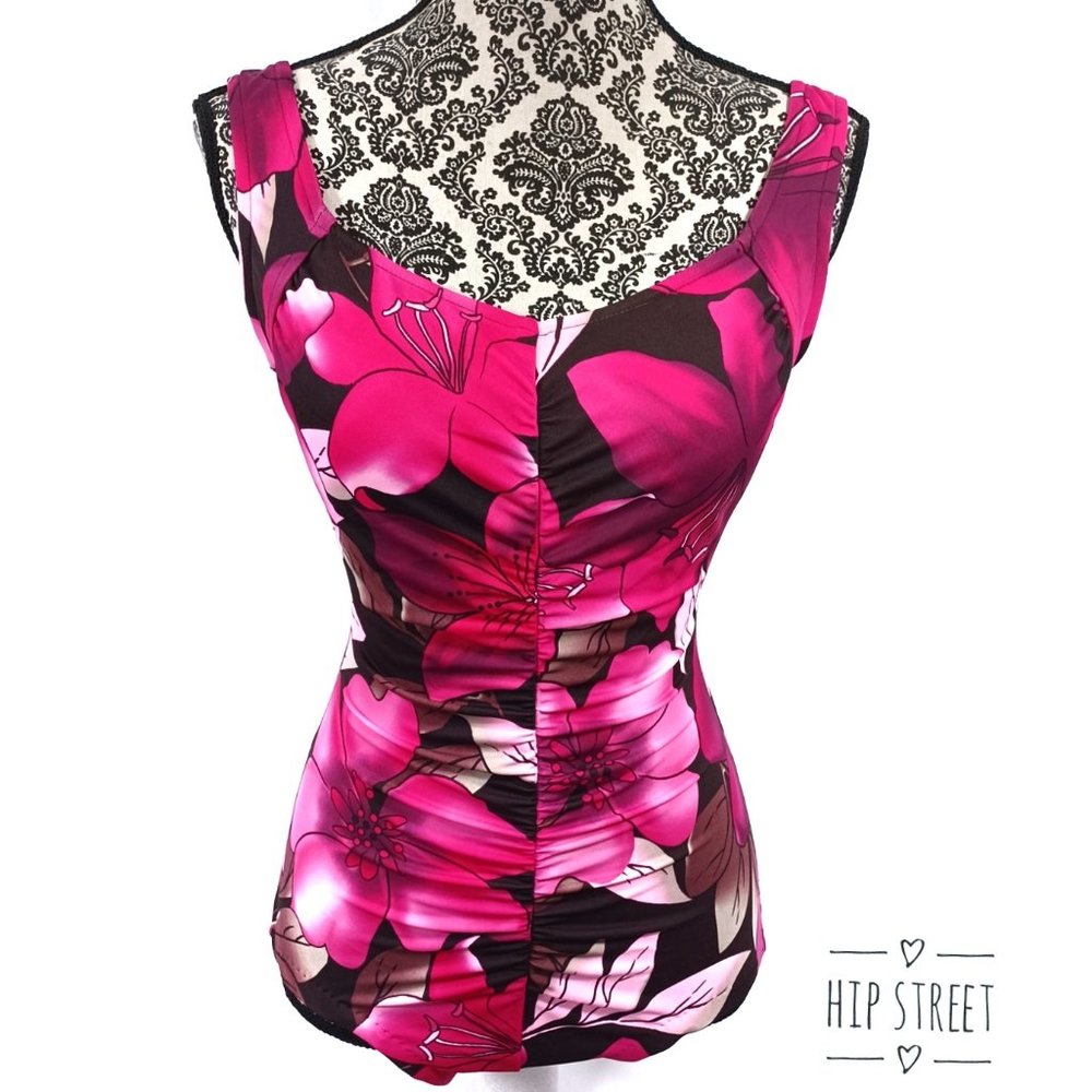 OLD GLAM Swimsuit Ruched Center Boy Leg One Piece Tank Floral  8